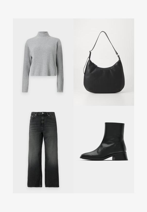 Grå ribbet turtleneck sweater med lange ærmer, cropped længde, blød tekstur og tætsiddende design. Ingen synlig hardware eller mønstre.; Sorte denim jeans med en afslappet pasform, lige ben design, falmet tekstur, fem-lomme stil og sølvknaplukning i taljen.; Sort ankelstøvle lavet af blank læder, med et strømlinet design, spids tå og en moderat blokhælhøjde for stabilitet.; Sort hobo-taske lavet af glat, holdbart materiale. Har en enkelt justerbar rem og et subtilt præglogo på forsiden.