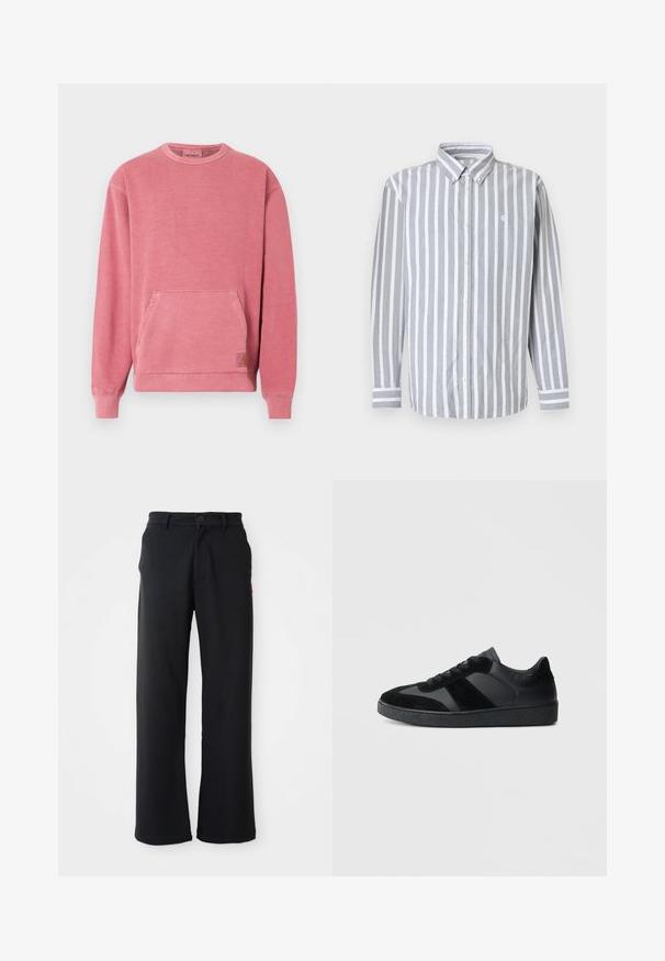 Rosa Sweatshirt mit Rundhalsausschnitt, langen Ärmeln, Fronttasche und gerippten Bündchen und Saum. Mit einem kleinen Logopatch versehen.; Herrenhemd zum Knöpfen mit grauen und weißen vertikalen Streifen, langen Ärmeln und einem kleinen Logo auf der Brust. Baumwollstoff, klassischer Kragen.; Schwarze gerade geschnittene Hose mit Knopf- und Reißverschluss, Gürtelschlaufen und seitlichen Taschen, vor einem weißen Hintergrund präsentiert.; Schwarze Sneaker aus einer Mischung von glattem Leder und Wildleder, mit einer strukturierten schwarzen Gummisohle und dezenten Streifendetails.