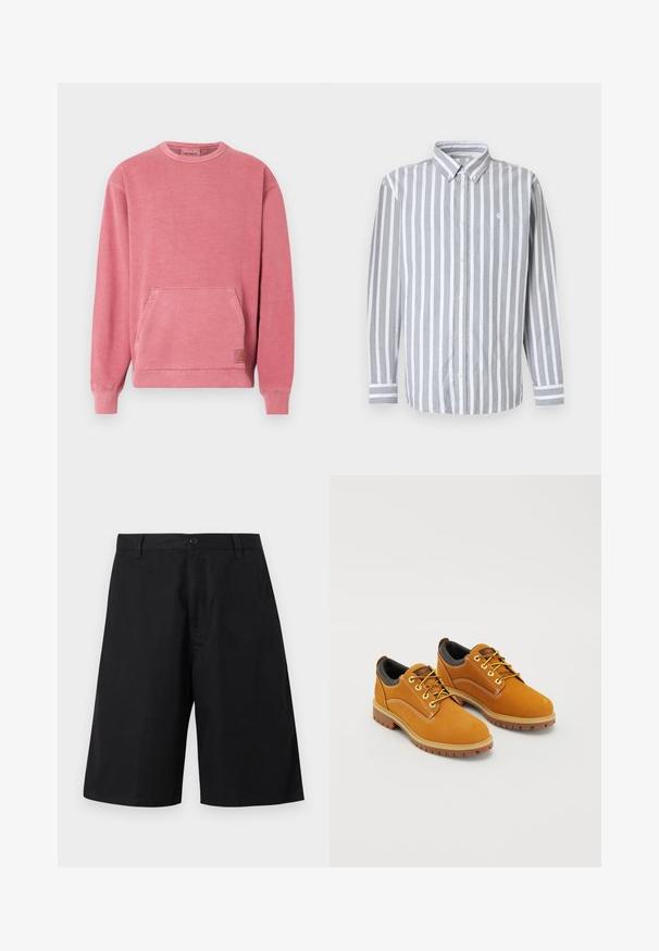 Sweat-shirt rose avec encolure ronde, manches longues, poche avant, et poignets et base côtelés. Comprend un petit écusson logo.; Chemise pour homme à boutons avec rayures verticales grises et blanches, manches longues, et petit logo sur la poitrine. Tissu en coton, col classique.; Shorts noirs longueur genou avec passants de ceinture, fermeture par bouton et devant uni sur un fond neutre.; Chaussures en daim marron avec un bout rond, des lacets jaunes, un col rembourré noir et des semelles en caoutchouc avec des rainures de traction.