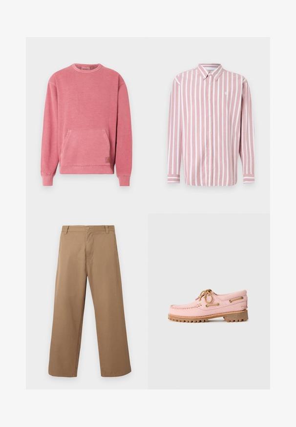 Sweat-shirt rose avec encolure ronde, manches longues, poche avant, et poignets et base côtelés. Comprend un petit écusson logo.; Chemise à boutons rayée rose et blanche. Comprend un col, des manches longues et un petit logo. Fabriquée en tissu tissé.; Pantalon beige à jambes larges avec passants pour ceinture, bouton sur le devant et fermeture éclair, présenté sur un fond clair uni.; Bateau en cuir rose avec des lacets marron, des œillets en métal et une semelle en caoutchouc épaisse de couleur marron, présenté en profil sur un fond blanc.