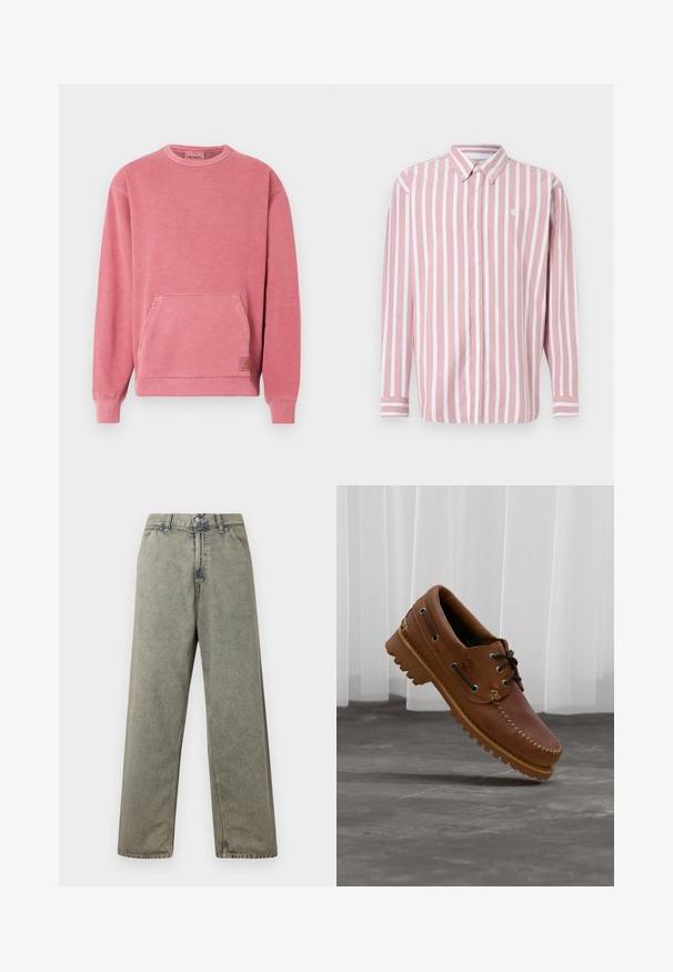 Rosa Sweatshirt mit Rundhalsausschnitt, langen Ärmeln, Fronttasche und gerippten Bündchen und Saum. Mit einem kleinen Logopatch versehen.; Gestreiftes Hemd zum Knöpfen in Pink und Weiß. Verfügt über einen Kragen, lange Ärmel und ein kleines Logo. Hergestellt aus gewebtem Stoff.; Weite Denim-Jeans in einem verblassten Grauton, mit Knopfverschluss und traditionellem Fünf-Taschen-Design sowie sichtbaren Nähdetails.; Brauner Leder-Bootsschuh mit schwarzen Schnürsenkeln, beigen Nähten und einer robusten Sohle, schwebt über einem grauen Betonboden.