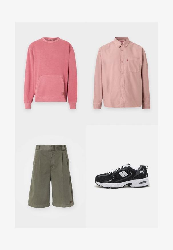 Roze sweatshirt met een ronde hals, lange mouwen, een zak aan de voorkant en geribbelde boorden en zoom. Voorzien van een klein logo-label.; Roze overhemd met lange mouwen, knopen aan de voorkant, een borstzak en een button-down kraag, getoond tegen een effen achtergrond.; Olijfgroene shorts van een katoenmix. Kenmerkt zich door plooien en een rechte snit, met een klein merkembleem aan de zijkant.; Zwarte en grijze sport schoenen met een bovenwerk van mesh en suede, voorzien van een witte tussenzool, veters en een gedurfde "N"-logo aan de zijkant.