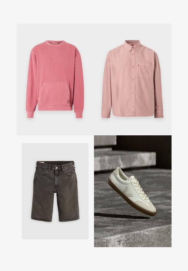 Roze sweatshirt met een ronde hals, lange mouwen, een zak aan de voorkant en geribbelde boorden en zoom. Voorzien van een klein logo-label.; Roze overhemd met lange mouwen, knopen aan de voorkant, een borstzak en een button-down kraag, getoond tegen een effen achtergrond.; Donkergrijze denimshorts met een normale pasvorm, voorzien van vijf zakken, een knoopsluiting en een gestructureerde tailleband. Zachte textuur, een strak ontwerp.; Witte leren sneakers met een bruine rubberen zool, platte veters en een V-vormig accent aan de zijkant. Ze hebben een glad oppervlak en minimale stikdetails.
