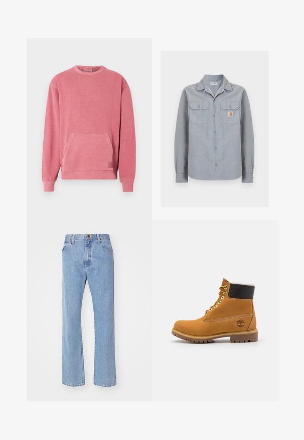 Sweat-shirt rose avec encolure ronde, manches longues, poche avant, et poignets et base côtelés. Comprend un petit écusson logo.; Chemise à manches longues gris clair avec deux poches poitrine, dont une avec un petit patch logo Carhartt sur le côté droit.; Jean denim bleu clair à coupe droite, fermeture avant par bouton et zip, passants de ceinture et poches avant standard.; Bottine en cuir brun avec œillets en métal, doublure en fourrure blanche, col rembourré noir, semelle robuste et logo en relief sur le côté.