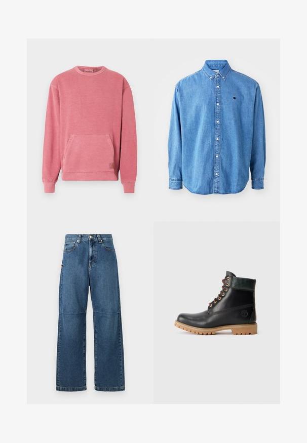 Lyserød sweatshirt med rund halsudskæring, lange ærmer, frontlomme og ribstrikkede manchetter og kant. Har et lille logo-patch.; Denim button-down skjorte, lyseblå i farven, med krave, lange ærmer og et lille logo på brystet. Har hvide knapper og syninger.; Blå denim jeans med afslappet pasform, lige ben, synlige sømme og lukkes med en knap foran. Har en sidelomme med accent.; Sort læder ankelstøvle med brune snørebånd, polstret grøn krave og tan gummisål med dybe riller, set fra siden på hvid baggrund.