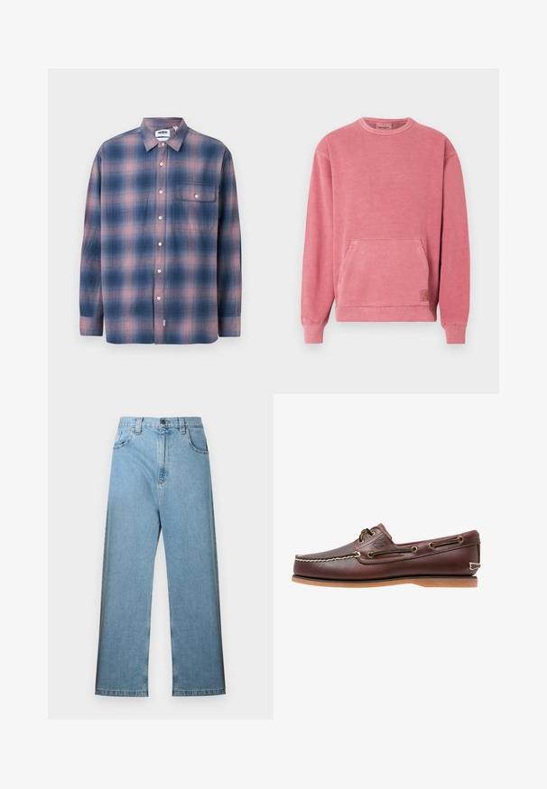 Rosa Sweatshirt mit Rundhalsausschnitt, langen Ärmeln, Fronttasche und gerippten Bündchen und Saum. Mit einem kleinen Logopatch versehen.; Langärmliges kariertes Hemd in Blau und Pink, aus weichem Stoff gefertigt. Verfügt über einen Button-Down-Kragen, eine Brusttasche und weiße Knöpfe.; Hellblaue Jeans aus Denim mit hoher Taille, weitem Schnitt, Gürtelschlaufen und fünf Taschen. Der Stoff hat eine glatte Struktur mit minimal ausgewaschenen Stellen.; Brauner Leder-Bootsschuh mit weißen Nähten, Schnürdetails und hellbrauner Gummisohle, seitlich auf weißem Hintergrund gezeigt.