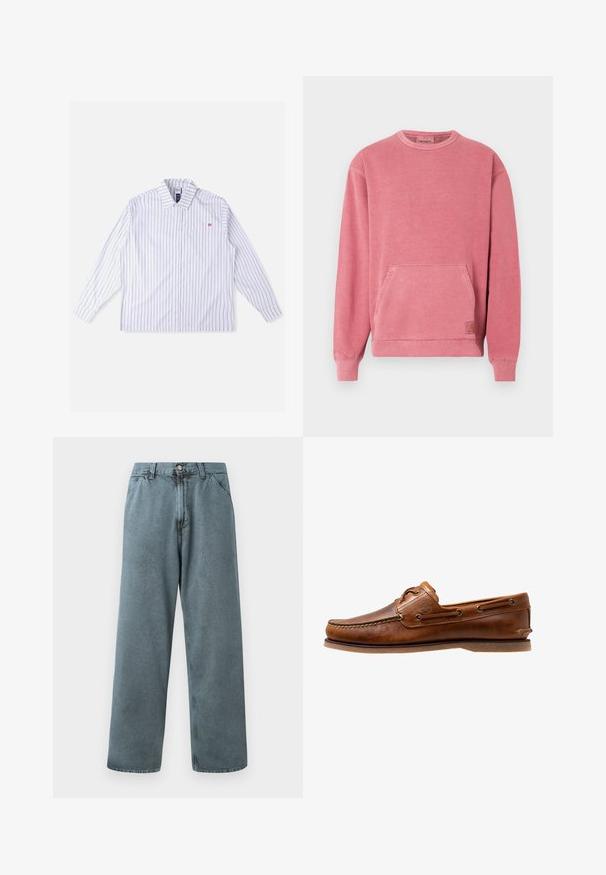 Sudadera rosa con cuello redondo, mangas largas, bolsillo delantero y puños y dobladillo acanalados. Cuenta con un pequeño parche con el logotipo.; Camisa blanca de manga larga con rayas verticales azules, cierre de botones en la parte delantera, cuello, bolsillo en el pecho izquierdo y detalle de logo rojo. Tela suave y tejida.; Pantalones de mezclilla de color azul claro con un ajuste recto, que cuentan con un cierre clásico de botón y un diseño de cinco bolsillos. Textura suave y detalles de costura mínimos.; Zapato de barco de cuero marrón con acentos de costura, con ojales de metal, una costura elevada en la puntera y una suela de goma plana.
