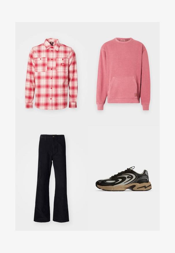 Sudadera rosa con cuello redondo, mangas largas, bolsillo delantero y puños y dobladillo acanalados. Cuenta con un pequeño parche con el logotipo.; Camisa de franela a cuadros rojos y blancos con mangas largas, cierre de botones en la parte delantera, dos bolsillos en el pecho y una etiqueta en la parte izquierda. Textura suave.; Pantalones de algodón negros acampanados con una cinturilla tradicional, un solo botón frontal y bolsillos a los lados y en la parte posterior. Textura suave.; Zapatilla negra y beige con patrones ondulados, diseño con cordones y suela gruesa sobre un fondo claro y liso.