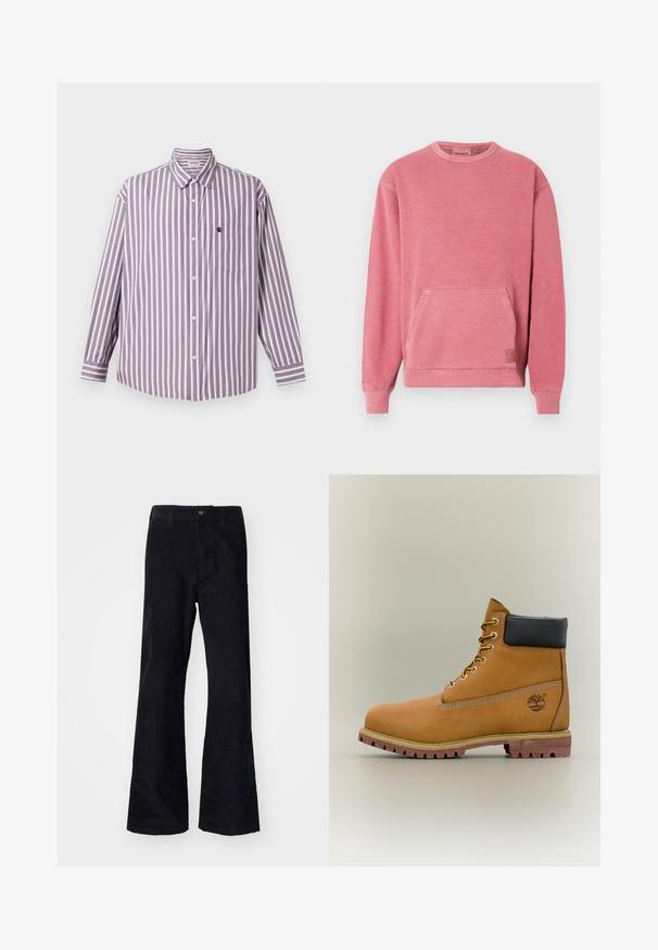 Sweat-shirt rose avec encolure ronde, manches longues, poche avant, et poignets et base côtelés. Comprend un petit écusson logo.; Chemise à rayures à manches longues en lavande clair et blanc, avec un col boutonné, une poche avant et un ourlet arrondi. Tissu en coton.; Pantalons évasés noirs en coton avec une taille traditionnelle, un bouton à l'avant et des poches sur les côtés et à l'arrière. Texture lisse.; Bottine en cuir marron avec col noir, lacets jaunes et semelle beige. Présente un logo et des détails de couture blanche. Semelle extérieure à traction robuste.