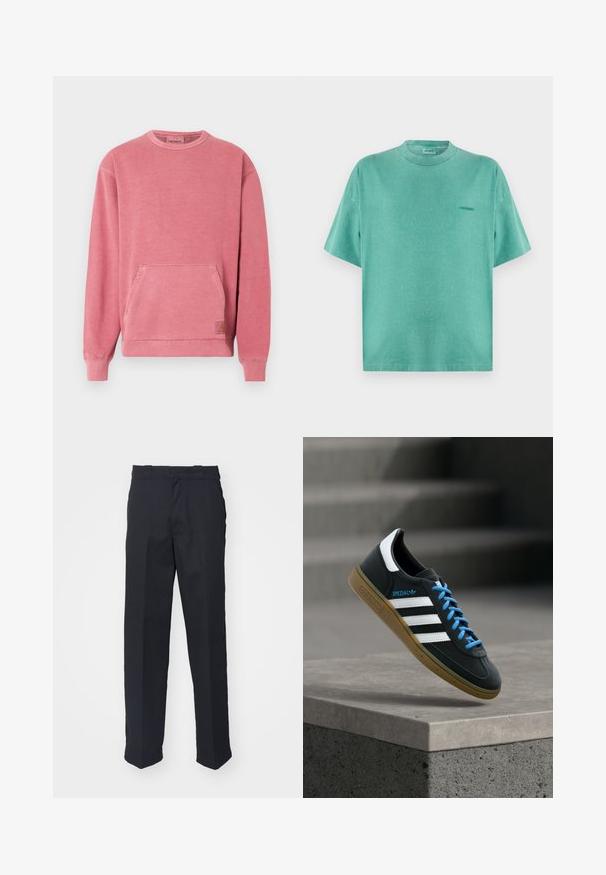 Rosa Sweatshirt mit Rundhalsausschnitt, langen Ärmeln, Fronttasche und gerippten Bündchen und Saum. Mit einem kleinen Logopatch versehen.; Kurzärmeliges T-Shirt in Minzgrün mit Rundhalsausschnitt und kleinem, gesticktem Logo auf der linken Brust, dargestellt auf weißem Hintergrund.; Schwarze maßgeschneiderte Hose mit geradem Schnitt, aus glattem Stoff gefertigt, mit einem Bund mit Gürtelschlaufen und ohne sichtbare Muster oder Beschläge.; Schwarzer Adidas-Sneaker mit weißen Streifen, blauen Schnürsenkeln und Gummisohle, der über einer grauen Betontreppe im weichen Licht schwebt.