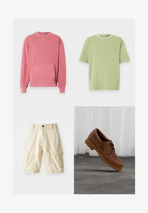 Rosa Sweatshirt mit Rundhalsausschnitt, langen Ärmeln, Fronttasche und gerippten Bündchen und Saum. Mit einem kleinen Logopatch versehen.; Hellgrünes T-Shirt mit kurzen Ärmeln, gerippter Struktur und Logo-Patch auf der Brust. Entspannte Passform und Rundhalsausschnitt.; Knielange Cargo-Shorts aus leichtbeigem Stoff mit Knopfverschluss, zwei großen Seitentaschen und sichtbaren Nähdetails.; Brauner Leder-Bootsschuh mit schwarzen Schnürsenkeln, beigen Nähten und einer robusten Sohle, schwebt über einem grauen Betonboden.