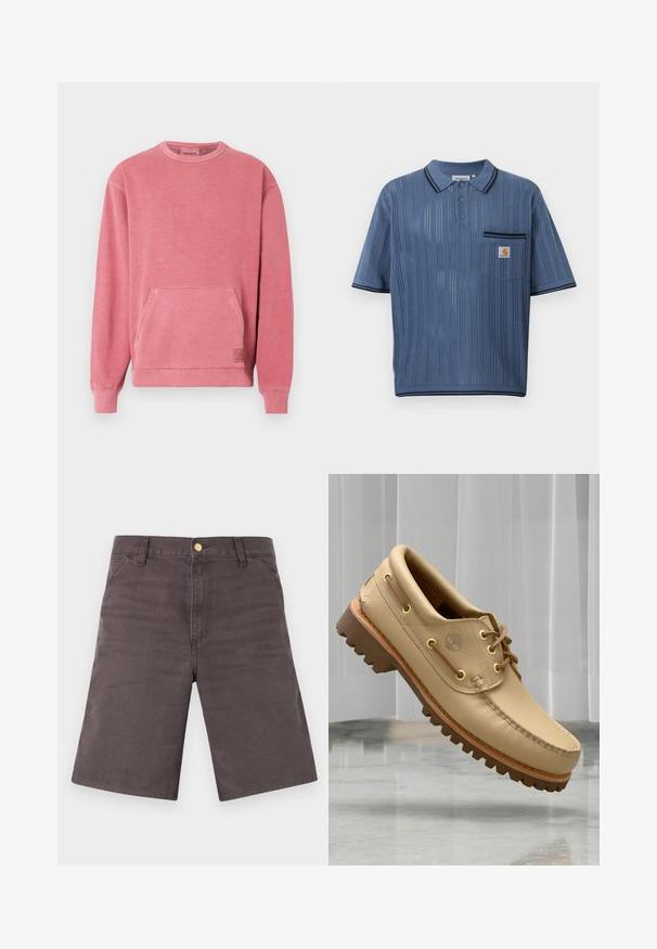Sweat-shirt rose avec encolure ronde, manches longues, poche avant, et poignets et base côtelés. Comprend un petit écusson logo.; Polo en maille bleu avec rayures verticales ajourées, patte de boutonnage à trois boutons, poche poitrine avec logo Carhartt et bordures noires sur le col et les manches.; Shorts gris foncé longueur genou avec poches avant, passants pour ceinture et fermeture à bouton métallique sur un fond clair.; Chaussure bateau en cuir marron clair avec semelle épaisse et striée et détails de lacets, flottant au-dessus d'un sol en marbre et d'un fond de stores verticaux blancs.
