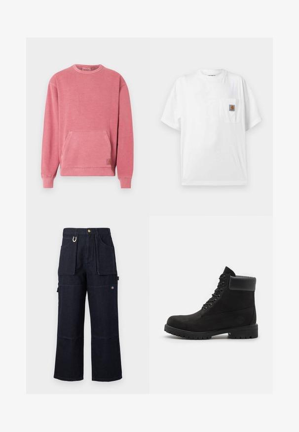 Roze sweatshirt met een ronde hals, lange mouwen, een zak aan de voorkant en geribbelde boorden en zoom. Voorzien van een klein logo-label.; Wit T-shirt met korte mouwen en een ronde hals met een borstzakje waarop een klein bruin-zwart Carhartt-logo is aangebracht.; Donkerblauwe, wijde denim werkbroek met grote voor- en zijzakken, knoopsluiting en een klein logoplaatje op het dijbeen.; Zwarte enkellaars met vetersluiting, voorzien van een gevoerde kraag en een robuuste zool, weergegeven in profiel tegen een witte achtergrond.