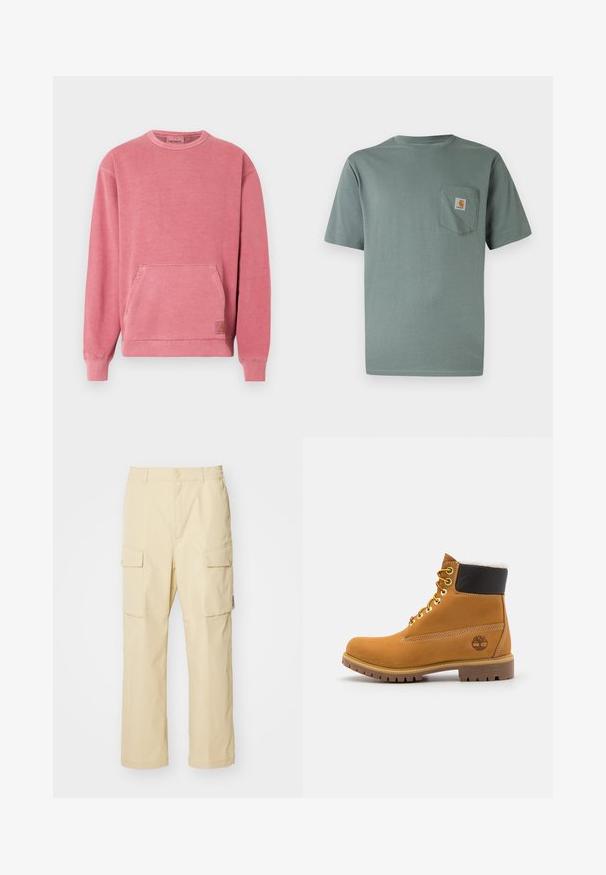 Sudadera rosa con cuello redondo, mangas largas, bolsillo delantero y puños y dobladillo acanalados. Cuenta con un pequeño parche con el logotipo.; Camiseta de manga corta de color verde claro hecha de algodón con un bolsillo en el pecho que lleva un parche con el logo. Textura suave y diseño clásico de cuello redondo.; Pantalones cargo beige hechos de tela con cinturilla elástica y cierre de botón. Presenta dos bolsillos laterales y un diseño simple.; Botín de cuero marrón con ojales de metal, forro de piel sintética blanca, cuello acolchado negro, suela resistente y logotipo en relieve en el costado.