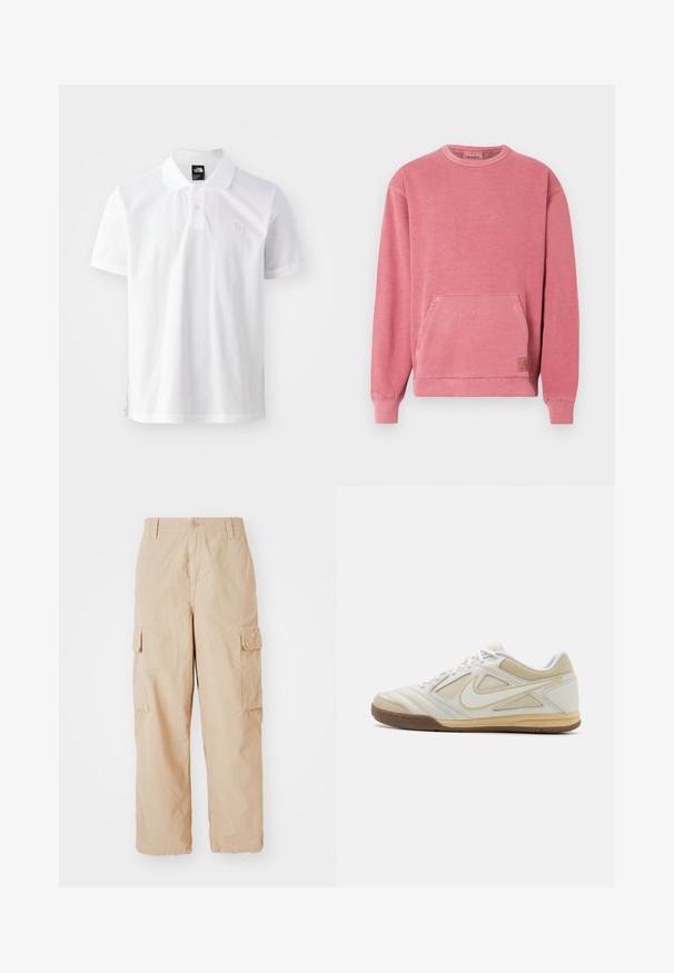 Sweat-shirt rose avec encolure ronde, manches longues, poche avant, et poignets et base côtelés. Comprend un petit écusson logo.; Polo shirt blanc en coton, avec une patte de boutonnage à deux boutons, des manches courtes et un logo brodé discret sur la poitrine.; Pantalons cargo beige avec une coupe décontractée, fabriqués en tissu léger, dotés de deux poches cargo latérales et d'une fermeture à bouton à la taille.; Chaussure de sport blanche avec une tige texturée, accents gris, design à lacets et semelle en caoutchouc beige. Présente un logo distinctif sur le côté.
