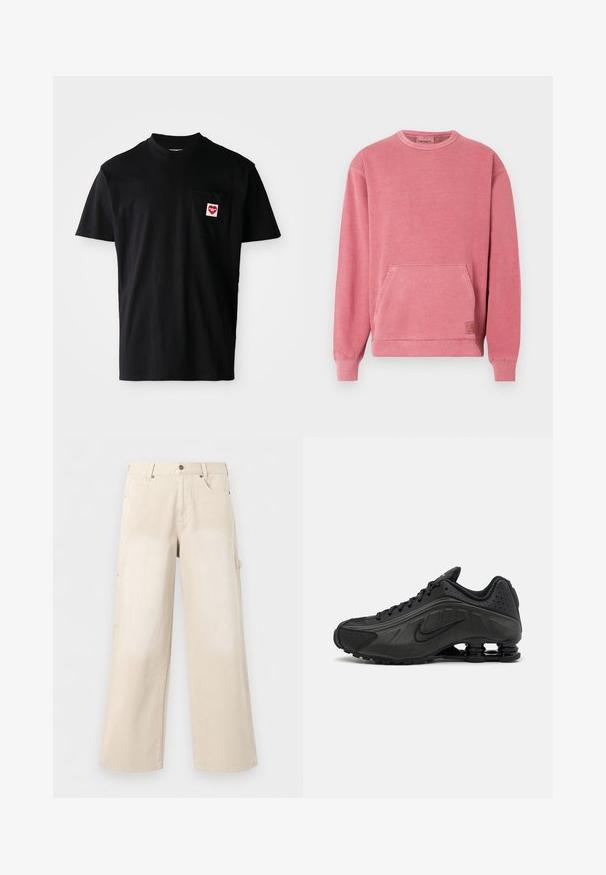Rosa Sweatshirt mit Rundhalsausschnitt, langen Ärmeln, Fronttasche und gerippten Bündchen und Saum. Mit einem kleinen Logopatch versehen.; Schwarzes Baumwoll-T-Shirt mit rundem Halsausschnitt, kurzen Ärmeln und einer linken Brusttasche, die mit einem roten Herz-Patch und weißem Text versehen ist.; Beige weite Hosen mit Vordertaschen, Knopfverschluss und Gürtelschlaufen, vor einfachem weißem Hintergrund gezeigt.; Schwarze Laufschuhe mit einem glatten synthetischen Obermaterial, durchbrochenen Akzenten, strukturierten Seitenpaneelen und einer ausgeprägten federnden Sohle.