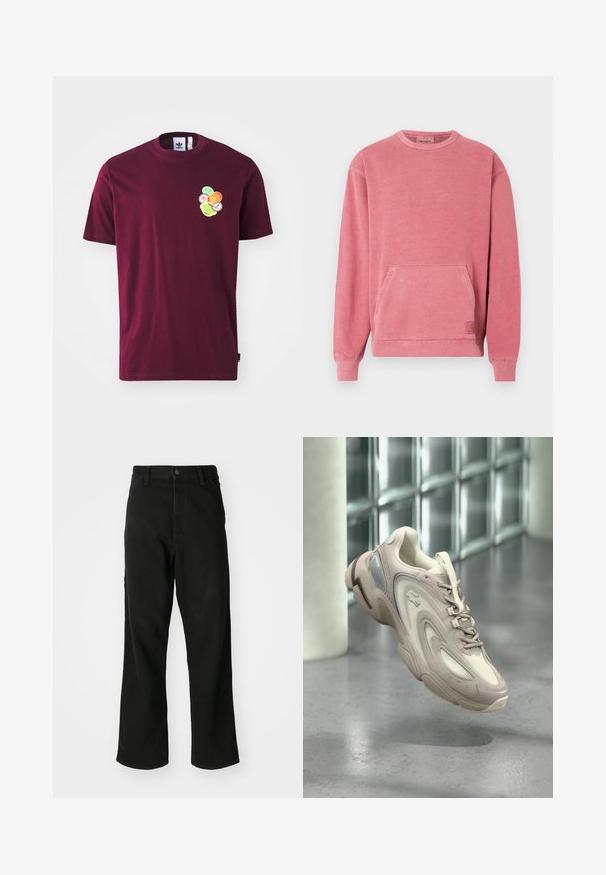 Rosa Sweatshirt mit Rundhalsausschnitt, langen Ärmeln, Fronttasche und gerippten Bündchen und Saum. Mit einem kleinen Logopatch versehen.; Bordeauxfarbendes Baumwoll-T-Shirt mit kurzen Ärmeln und Rundhalsausschnitt. Mit einem gestickten Grafikmotiv auf der linken Brust, das bunte, kreisförmige Designs umfasst.; Schwarze gerade Jeans mit Knopfverschluss, Gürtelschlaufen und Fronttaschen auf einem schlichten weißen Hintergrund.; Hellbeiger Sneaker mit einem eleganten Design, strukturierten Überzügen, einer gepolsterten Sohle und einem durchsichtigen Abschnitt an der Seite.