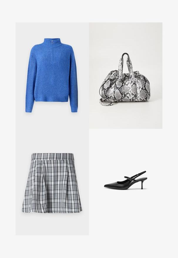 Blå strikket pullover med høj krave og halvlukning. Har et struktureret stof og en afslappet, boxy pasform.; Ribet mini nederdel i grå og hvid med plisseringer og en talje. Fremstillet af letvægtigt stof med lodrette og vandrette striber.; Sorte læder slingback hæle med spids tå, slank justerbar rem og en stiletto hæl på cirka 5 cm, glat tekstur.; Håndtaske med sort og hvid slidmønster, to håndtag, snøre lukning og aftagelig skulderrem. Glat tekstur.