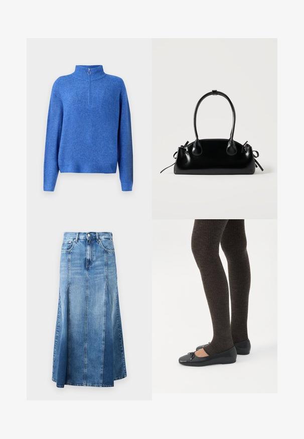 Blå strikket pullover med høj krave og halvlukning. Har et struktureret stof og en afslappet, boxy pasform.; Denim nederdel med en lys til mørk blå gradient, knælængde, med lige snit, frontslids og klassisk knap- og lynlås-lukning.; Ben iført mørke ribbede leggings kombineret med sorte balletsko med små sløjfedetaljer på hvid baggrund.; Lille sort blank håndtaske med to lange håndtag og snøre-detaljer i siden på en ensfarvet lys baggrund.