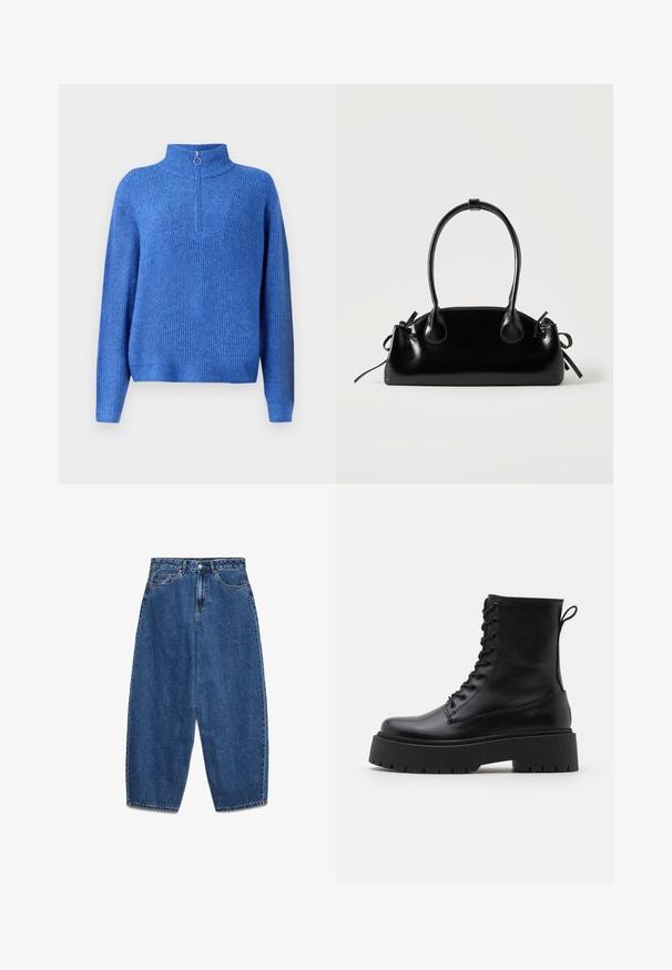 Blå strikket pullover med høj krave og halvlukning. Har et struktureret stof og en afslappet, boxy pasform.; Blå denimjeans med høj talje, afslappet pasform og lige ben. Klassisk design med fem lommer, lynlås og knaplukning.; Sorte læder ankelstøvler med rund tå, snørebånd foran og en tyk gummisål med struktureret slidbane. Hæfteløkke bagpå.; Lille sort blank håndtaske med to lange håndtag og snøre-detaljer i siden på en ensfarvet lys baggrund.