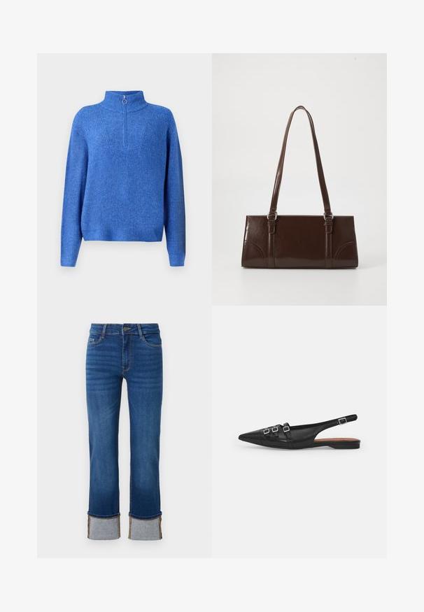 Blå strikket pullover med høj krave og halvlukning. Har et struktureret stof og en afslappet, boxy pasform.; Blå denimjeans med lige ben, der har opkrøllede manchetter i lys grå. Mellemhøj talje og traditionelt fem-lomme design.; Sort læderslyngeflad sko med spids tå, der har to vandrette stropper og firkantede sølvspænder, lav hæl og glat tekstur.; Brun lakeret håndtaske med rektangulær form, to lange håndtag og subtile buede detaljer på fronten.