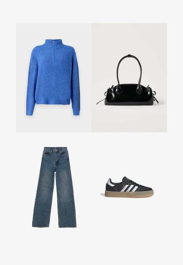 Suéter de punto azul con un cuello alto y un cierre de media cremallera. Presenta un tejido texturizado y un ajuste relajado y amplio.; Jeans de mezclilla azul de pierna ancha con cintura alta, cinco bolsillos y costuras en contraste. Desvanecimientos y ligerasImperfecciones visibles en la tela.; Zapatilla deportiva de cuero negro con tres rayas plateadas, punta texturizada y suela de goma. Cuenta con un collar acolchado y un diseño con cordones.; Pequeño bolso negro brillante con dos asas largas y detalles de cordón lateral sobre un fondo claro liso.