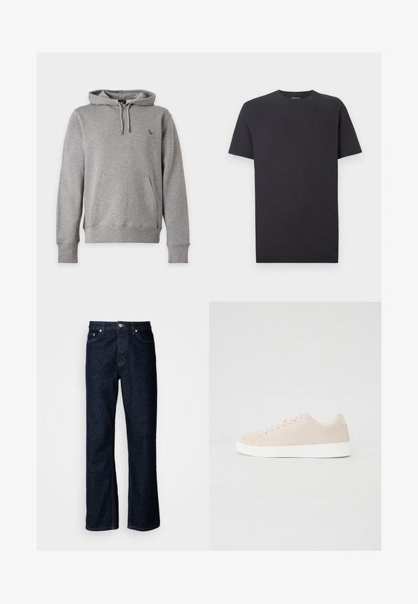 Sudadera con capucha color gris claro, bolsillo delantero, capucha con cordón, puños acanalados y un pequeño logo de animal multicolor en el pecho.; Camiseta negra de manga corta con un patrón de zigzag texturizado, cuello redondo y corte recto. Hecha de un tejido suave y ligero.; Vaqueros de mezclilla azul oscuro con corte recto, que presentan un diseño de cinco bolsillos, cierre de botón y detalles de costura naranja.; Zapatillas de ante beige con suelas de goma blanca, puntera redondeada y seis ojales para los cordones. Textura suave con un diseño minimalista.