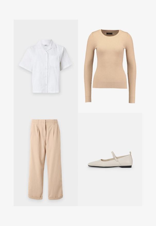 Ribbet langærmet sweater i lys beige, lavet af strækbart stof. Har en rund halsudskæring og tætsiddende silhuet med ribbede manchetter.; Kortærmet hvid skjorte med struktureret mønster, knaplukning foran og brystlomme. Fremstillet af let materiale med en afslappet pasform.; Beige, vide bukser med plisseringer, lavet af bomuld, med en glat tekstur og dobbeltopfoldede manchetter i kanten.; Hvide ballerinasko i læder med spids tå, ankelsnor og lav sort hæl. Glat tekstur med minimale detaljer.