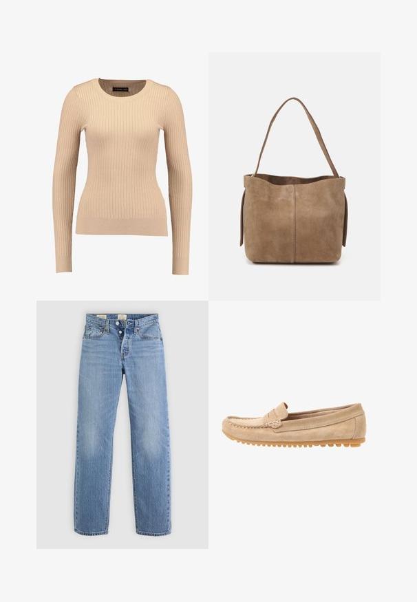 Suéter de manga larga de canalé en beige claro, hecho de una tela elástica. Cuenta con un escote redondo y una silueta ajustada con puños acanalados.; Jeans de mezclilla de color azul claro con un diseño de pierna recta, cierre de botón metálico, bolsillos frontales y sutiles detalles de desgaste por todo el tejido.; Mocasines de ante beige con punta redondeada, con detalles de costura y suela de goma que presenta pequeños salientes para tracción. Vista lateral.; Bolso tote de ante marrón con una textura suave, parte superior abierta y una sola correa de hombro. Presenta un acabado liso y un diseño minimalista.