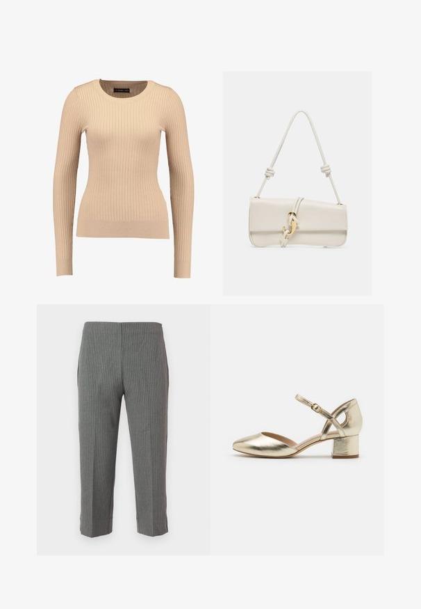 Ribbet langærmet sweater i lys beige, lavet af strækbart stof. Har en rund halsudskæring og tætsiddende silhuet med ribbede manchetter.; Grå stribede bukser med en tapered design, der har en glat overflade og en cropped længde. Ingen synlige lukninger eller lommer.; Guldmetallic hæle med rund tå, ankelrem og blokhæle. Glat tekstur med en skinnende finish og tværrem-design.; Flødefarvet læderhåndtaske med knyttet håndtag og dekorativt gult metalhåndtag med krog på forflappen.