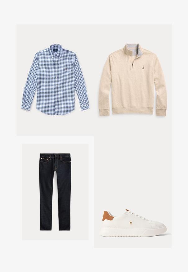 Beige pullover met lange mouwen, kwart-rits, opstaande kraag en klein geborduurd paardenlogo op de linkerborst.; Blauw-wit geruit overhemd met lange mouwen, een kraag en een klein geborduurd logo op de linkerborst.; Donkerblauwe slim-fit jeans met vijf zakken, knoopsluiting en contrasterende stiksels, plat gelegd op een lichte achtergrond.; Witte lage sneaker met beige hieltab, witte veters en klein geborduurd polo spelerlogo aan de zijkant boven een dikke zool.