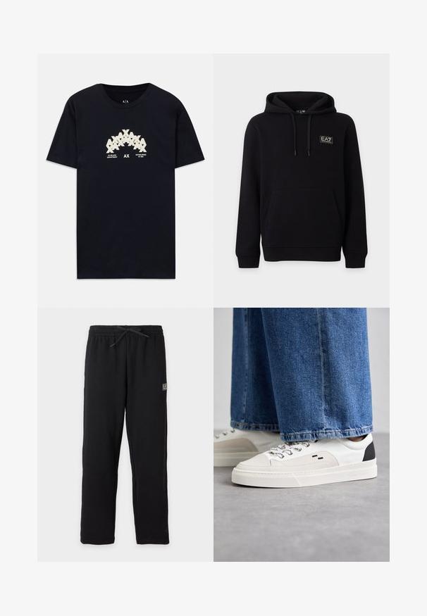 Čierna mikina s kapucňou s predným vreckom a logom EA7 Emporio Armani na hrudi, zobrazená na jednoduchom svetlom pozadí.; Čierne bavlnené tričko s krémovým grafickým dizajnom a prekrývajúcim sa textom "AX" a "AX MILANO DEPARTMENT ZALOŽENÉ V ROKU 1991." Krátke rukávy.; Čierne tepláky s elastickým pásom a šnúrkou, s malou obdĺžnikovou nášivkou s logom EA7 na hornej ľavej stehne.; Biele a čierne tenisky s hladkým koženým zvrškom, štruktúrovanými akcentmi a masívnou bielou podrážkou. Obsahujú klasický dizajn so šnurovaním.