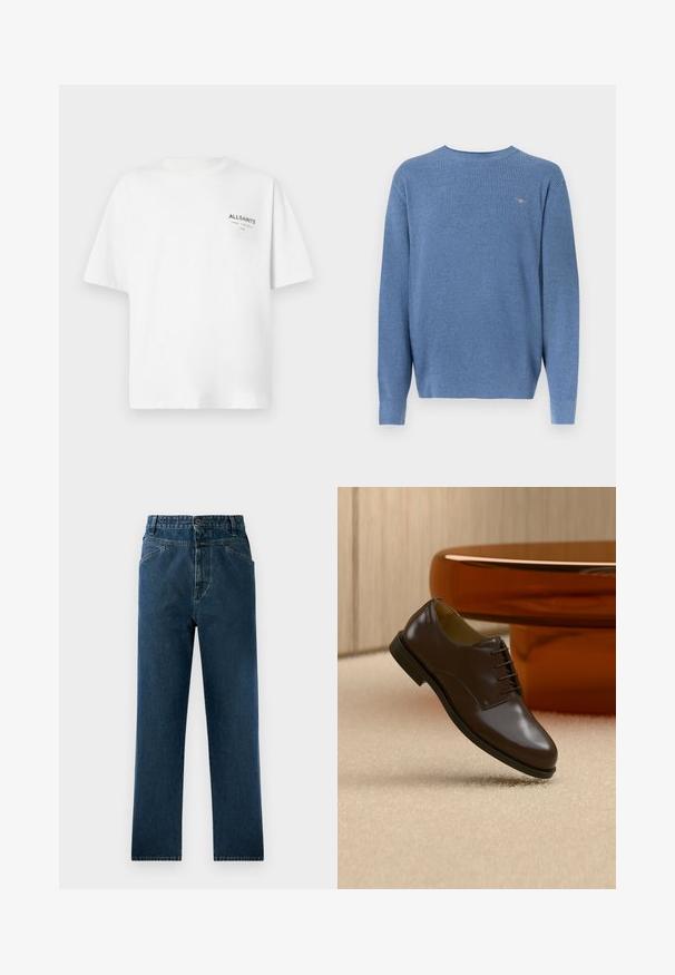 Blå strikket langærmet sweater med rund hals, vaffeltekstur og lille broderet logo på venstre bryst.; Hvid kortærmet bomulds T-shirt med lille sort "ALLSAINTS" tekst og japanske tegn trykt på venstre bryst.; Mørkeblå denim straight-leg jeans med høj talje, der har forlommer og en knaplukning. Struktureret stof med subtil falmning.; Mørkebrune lædersko med snørebånd, der svæver over et beige tæppe med et blankt, ravfarvet rundt bord i baggrunden.