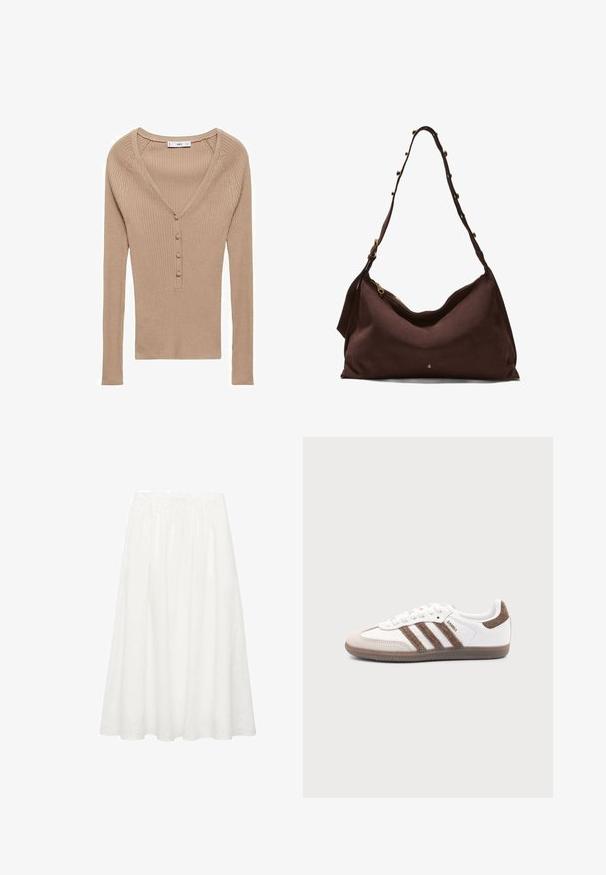 Beige ribbet striklangærmet top med V-hals og fire stofbetrukne knapper ned foran.; Hvid, mid-length A-linje nederdel lavet af letvægts bomuld. Har en elastisk talje og et flydende design uden synlige mønstre eller accenter.; Hvid Adidas Samba sneaker med brune ruskindstriber, brun gummisål og beige ruskindståhætte, vist fra ydersiden på en ensfarvet baggrund.; Brun skuldertaske i ruskind med en enkelt justerbar rem med guldkugler og en guldlukning med lynlås øverst.