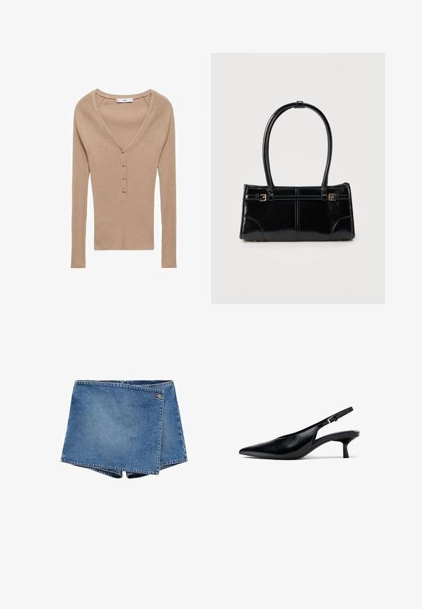 Beige ribbet striklangærmet top med V-hals og fire stofbetrukne knapper ned foran.; Denimshorts i mellemblå med et unikt overlapningsdesign. Har en lynlåslukning og en lille logoaccent på taljen.; Sort læder slingback kittenhæle med spids tå og justerbar strop med spænde på hvid baggrund.; Glansfuld sort rektangulær håndtaske med to tynde skulderremme og små guldbeslag foran.