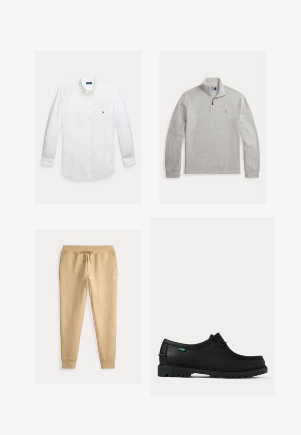 Lysegrå langærmet pullover med kvart-lynlås krave og lille broderet logo på venstre bryst.; Hvid skjorte med lange ærmer, knapper foran, krave og lille mørkeblå Polo Ralph Lauren logo broderet på brystet.; Beige slim-fit joggingbukser med snøre i taljen, sidelommer, ribbet kant og lille hvidt broderet logo på venstre lår.; Sort læder snøresko til hverdagsbrug med tyk mønstret sål og lille grøn "Polo" mærkat på siden nær hælen.