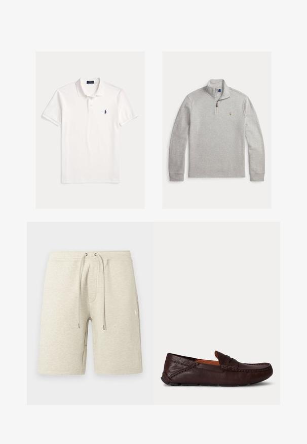 Svetlosivý pulóver s dlhým rukávom, polovičný zips na golieri a malým vyšívaným logom na ľavej hrudi.; Biela krátky rukáv Polo Ralph Lauren košeľa s golierom, zapínaním na dva gombíky a malým tmavomodrým vyšívaným logom koňa na ľavej strane hrudníka.; Béžové športové šortky z textúrovanej látky, s elastickým pásom na šnúrku a bočnými vreckami. Jemný detail s logom.; Tmavohnedý kožený pánsky mokasín s vyšitou detailou a gumovou podrážkou, zobrazený z boku na jednofarebnom pozadí.