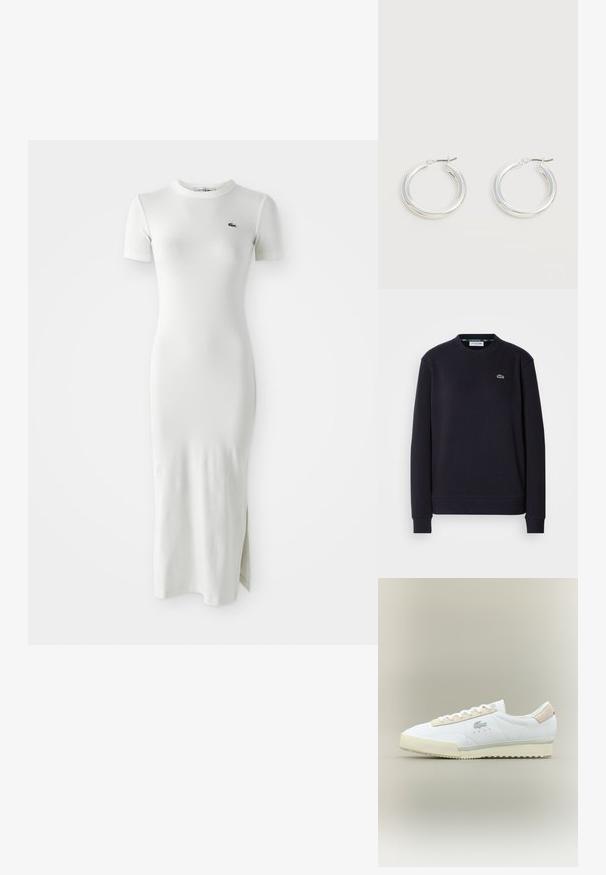 Simpel sort langærmet Lacoste sweatshirt med rund hals og broderet grønt krokodillelogo på venstre bryst mod hvid baggrund.; Hvid ribbet midi kjole med korte ærmer, rund halsudskæring og sideslids. Har et lille grønt logo på brystet. Glat, tætsiddende tekstur.; Hvide lædersneakers med en beige ruskindsdetalje. Har en rund tå, flade snørebånd og en tekstureret sål. Lacoste-logo på siden.; Par mellemstore skinnende sølv hoops øreringe med tynde metal spænder på en lys neutral baggrund.
