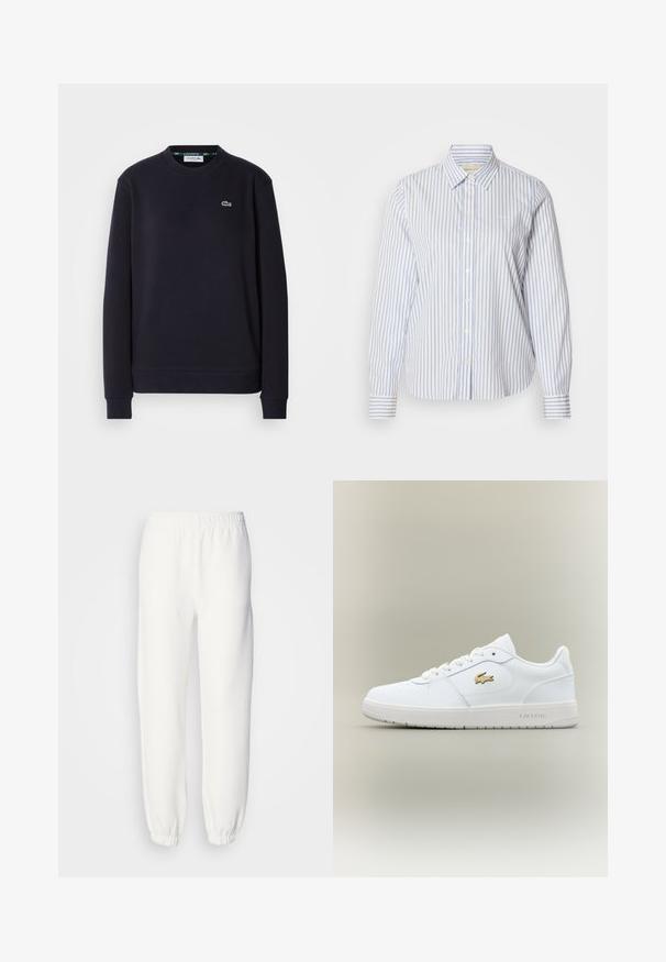 Μαύρη μακρυμάνικη μπλούζα crewneck της Lacoste με κεντητό πράσινο λογότυπο με τα κροκόδειλο στο αριστερό στήθος, σε λευκό φόντο.; Μπλε και λευκό ριγέ πουκάμισο με κουμπιά, κλασικό γιακά, μακριά μανίκια και ίσια τελείωμα. Το ύφασμα έχει λεία υφή.; Λευκά φόρμας από μαλακό, πλεγμένο ύφασμα. Ελαστική μέση και μανσέτες προσφέρουν άνετη εφαρμογή. Μινιμαλιστικός σχεδιασμός, χωρίς ορατά σχέδια ή αξεσουάρ.; Λευκά δερμάτινα αθλητικά παπούτσια με χαμηλό σχεδιασμό, στρογγυλή μύτη, κλείσιμο με κορδόνια και χρυσό λογότυπο Lacoste στο πλάι.