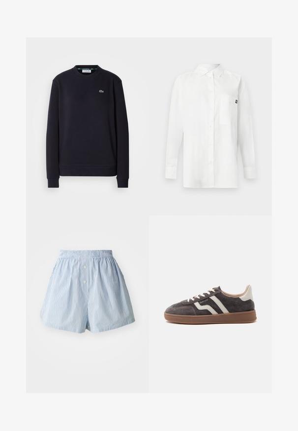 Μαύρη μακρυμάνικη μπλούζα crewneck της Lacoste με κεντητό πράσινο λογότυπο με τα κροκόδειλο στο αριστερό στήθος, σε λευκό φόντο.; Λευκό πουκάμισο με μακριά μανίκια, κατασκευασμένο από ύφασμα μείγματος βαμβακιού, με κολάρο που κλείνει με κουμπιά, μπροστινή τσέπη και μικρό μαύρο λογότυπο στο στήθος.; Μπλε και άσπρο ριγωτό σορτσάκι φτιαγμένο από ελαφρύ ύφασμα, με ελαστική ζώνη στη μέση και δύο μπροστινά κουμπιά.; Μοναδικό αθλητικό παπούτσι σε σκούρο γκρι με λευκές δερμάτινες λεπτομέρειες, υφές στα πλαϊνά, λευκά κορδόνια και καφέ λαστιχένια σόλα, σε προφίλ πάνω σε απλό φόντο.