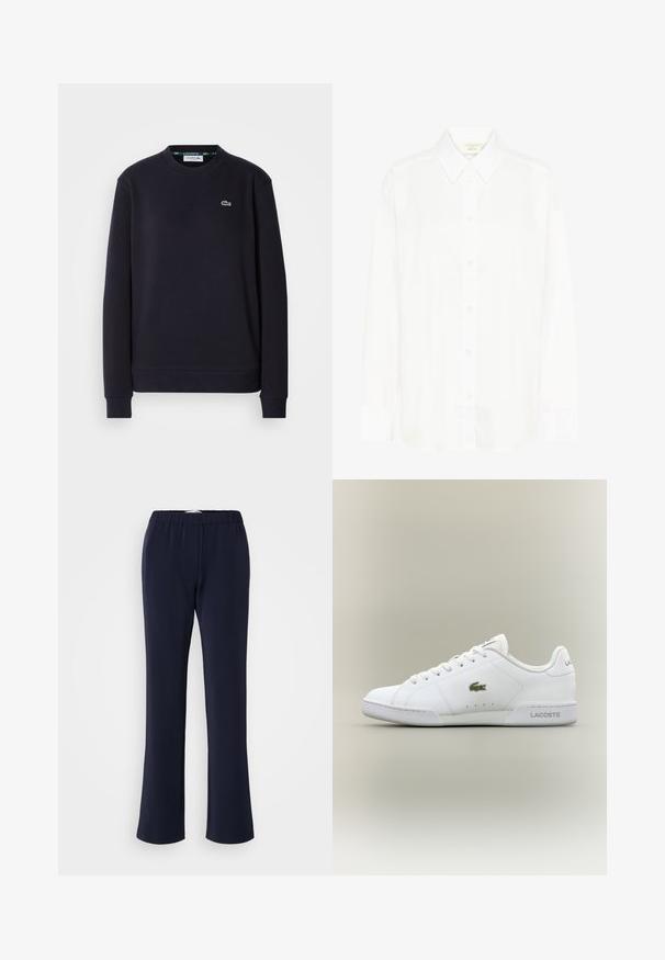 Simpel sort langærmet Lacoste sweatshirt med rund hals og broderet grønt krokodillelogo på venstre bryst mod hvid baggrund.; Hvid langærmet skjorte med knapper, klassisk krave og almindelig pasform. Fremstillet af glat stof med otte knapper ned foran.; Marineblå bukser med lige ben lavet af strækstof med elastisk talje og to forlommer. Glat tekstur uden synlige mønstre.; Hvide sportsko lavet af syntetisk læder, med et grønt broderet krokodillelogo, snørelukning og minimalistisk silhuet.