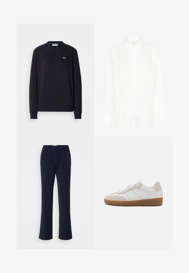 Lihtne must pika varrukaga Lacoste crewneck fliis, mille vasakus rinnas on broderitud roheline krokodilli logo, valge taustal.; Valge pikkade varrukatega nööbitav särk klassikalise kraega ja tavapärase lõikega. Valmistatud siledast kangast, millel on kaheksa nööpi ees.; Tumesinised sirge säärega püksid, valmistatud venivast kangast, millel on elastne vöökoht ja kaks esimest taskut. Sile tekstuur, nähtavaid mustreid pole.; Valged nahast spordijalatsid, millel on beežist sametist aksessuaarid, tekstureeritud keel ja kummitald. Omab valgeid paelu ja peeneid õmblusdetailide.