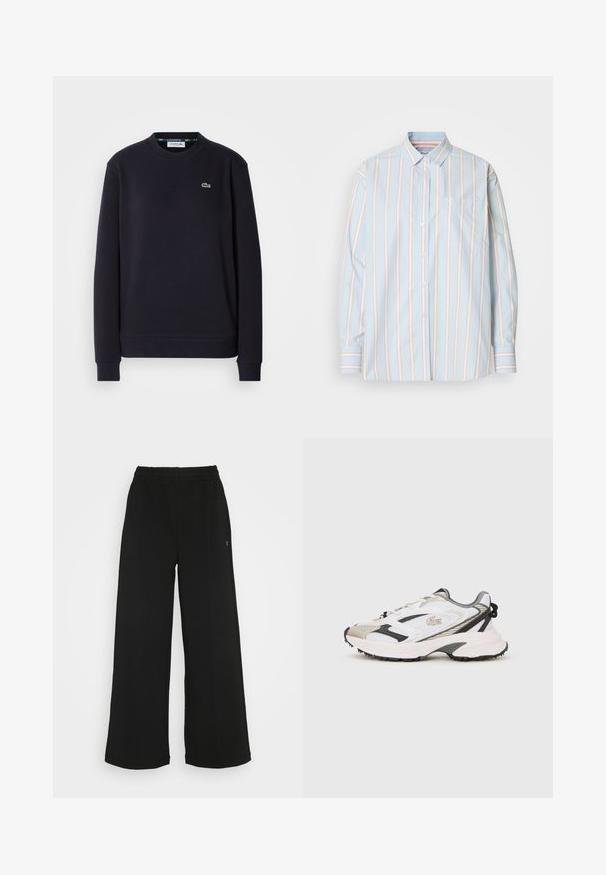 Effen zwarte lange mouwen Lacoste crewneck sweatshirt met geborduurd groen krokodillenlogo op de linkerkant van de borst tegen een witte achtergrond.; Lichtblauw overhemd met verticale strepen in wit en zachtroze. Inclusief een borstzak en contrasterende gestreepte manchetten. Zachte stoftextuur.; Zwarte wijde broek met een elastische tailleband. Gemaakt van een zachte, lichte stof. Heeft verticale naden aan de voorkant.; Witte en grijze sneakers met een bovenwerk van mesh, zwarte accenten en een gestructureerde zool. Voorzien van veters, merkdistinties en contrasterende ontwerpelementen.