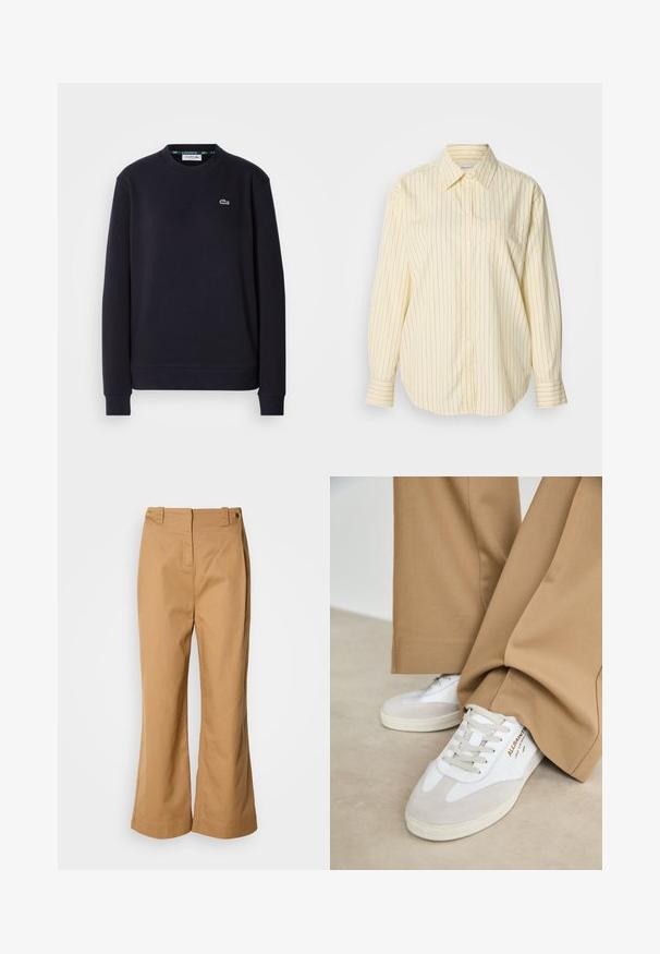 Sweatshirt noir à manches longues Lacoste, col rond, avec logo crocodile vert brodé sur la poitrine gauche, sur fond blanc.; Chemise à rayures jaunes à boutons, manches longues, col classique et une poche poitrine unique. Rayures bleues sur un tissu doux et texturé.; Pantalon à jambes larges en tissu de coton beige, doté d'une taille haute, de deux boutons dorés et d'une texture lisse. Aucun motif ou accent visible.; Baskets blanches avec des accents en daim, des lacets texturés et une semelle en caoutchouc. Associées à un pantalon beige ample. Logo affiché sur le côté.