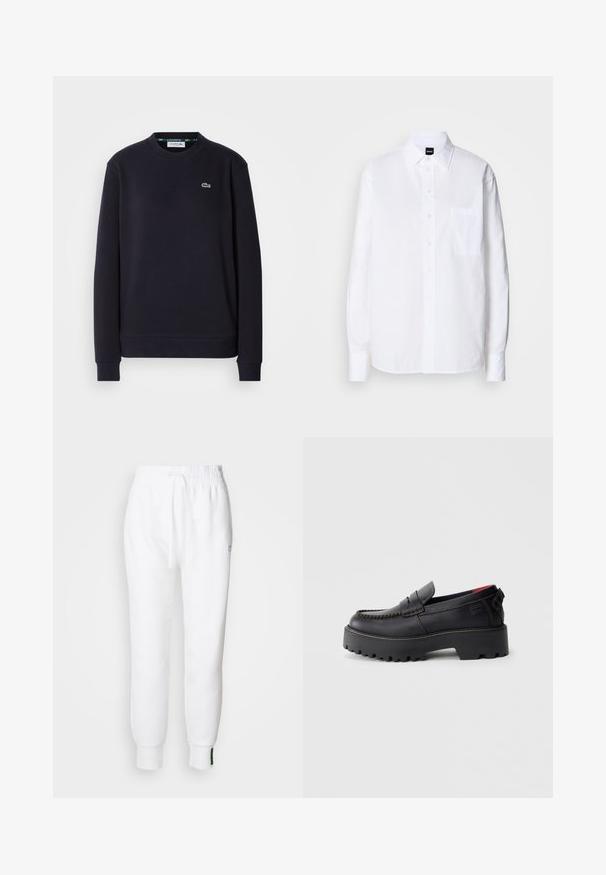 Lihtne must pika varrukaga Lacoste crewneck fliis, mille vasakus rinnas on broderitud roheline krokodilli logo, valge taustal.; Valge puuvillane nööbiga särk klassikalise kraega, pikkade varrukatega, rinna tasku ja sileda, krisp tekstuuriga.; Valged jooksupüksid elastse vöökoha ja nööriga, küljepockets ja soonikute sooned. Pehme kangas, millel on tikkitud logo. ; Mustad musta nahast lohvrieka stiilis kingad, millel on paks tekstuuriga tald, detailne puude õmblus ja madal konts. Omavad avatud selga ja diskreetset brändimist.