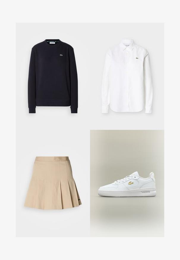 Effen zwarte lange mouwen Lacoste crewneck sweatshirt met geborduurd groen krokodillenlogo op de linkerkant van de borst tegen een witte achtergrond.; Wit overhemd met lange mouwen en knopen, voorzien van een kraag en een klein groen krokodillenlogo op de linkerborst.; Beige geplooide rok gemaakt van een katoenmengsel. Heeft een aangesloten taille en een klein geborduurd logo op de zoom. Soepele textuur.; Witte lage Lacoste sneaker met gouden logo aan de zijkant, witte veters en rubberen zool tegen een neutrale achtergrond.