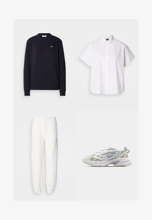 Lihtne must pika varrukaga Lacoste crewneck fliis, mille vasakus rinnas on broderitud roheline krokodilli logo, valge taustal.; Valge lühikeste varrukatega nööpidega särk, millel on terav krae ja kõver hems. Valmistatud puuvillast, millel on sile tekstuur ja nähtamatud mustrid.; Valged dressipüksid pehmest kootud kangast. Elastne vöökoht ja mansetid tagavad mugava istuvuse. Minimalistlik disain, ilma silmapaistvate mustrite või aktsentideta.; Hall ja kreemjas võrkmaterjalist spordijalats, millel on tekstuuriga pealmine osa, tugevdatud varvas ning hele ja vastupidav tallamuster haardumise tagamiseks.