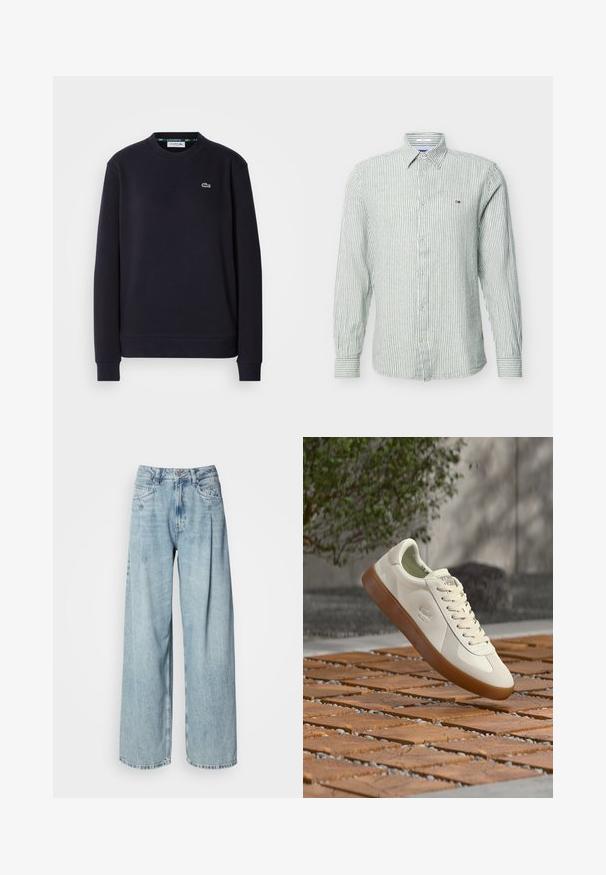 Μαύρη μακρυμάνικη μπλούζα crewneck της Lacoste με κεντητό πράσινο λογότυπο με τα κροκόδειλο στο αριστερό στήθος, σε λευκό φόντο.; Ανδρικό πουκάμισο με μακριά μανίκια και κουμπιά, με στενές κάθετες γκρι και λευκές ρίγες και μικρό λογότυπο στο αριστερό στήθος.; Απαλά μπλε ψηλόμεσα παντελόνια σε φαρδιά γραμμή με μπροστινές τσέπες, κλείσιμο με κουμπί και θηλιές για ζώνη, σε απλή λευκή φόντο.; Άσπρο αθλητικό παπούτσι χαμηλού προφίλ με καφέ σόλα και ανάγλυφο λογότυπο κροκοδείλου να αιωρείται πάνω από ξύλινο δάπεδο με σχέδια σε εξωτερικό χώρο.
