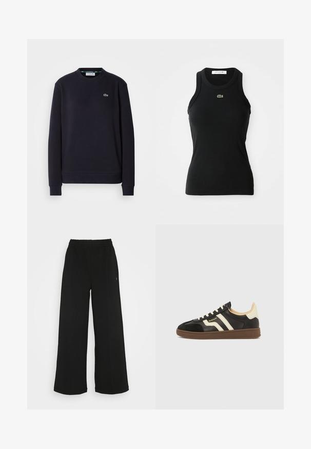 Lihtne must pika varrukaga Lacoste crewneck fliis, mille vasakus rinnas on broderitud roheline krokodilli logo, valge taustal.; Must have kaeluspahtel must riide, millel on ringikujuline kaelus ja väike roheline Lacoste krokodillilogo, mis asub keskel kaeluse all.; Mustad laiad püksid elastse vöökohtaga. Valmistatud pehmest ja kergest materjalist. Ees on vertikaalsed õmblused.; Mustad tossud kreemikas triipude, tekstuurse nahkpealse ja pruuni kummist tallaga. Omavad nööritavat disaini ja madala profiiliga siluetti.