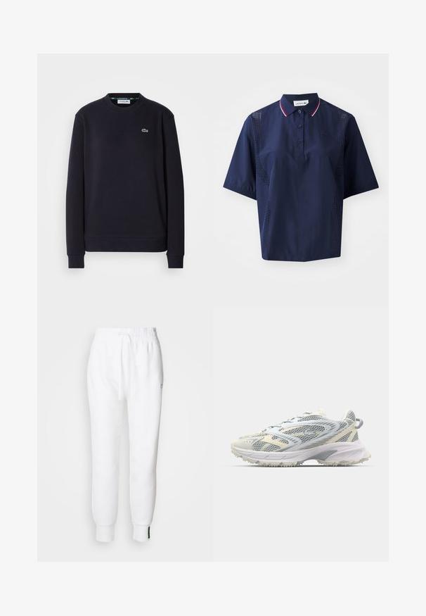 Schwarzes Langarm-Lacoste-Pullover mit Rundhalsausschnitt und gesticktem grünen Krokodil-Logo auf der linken Brust, auf weißem Hintergrund.; Dunkelblaues kurzärmliges Poloshirt mit Knopfleiste, kontrastierendem Kragen mit roten und weißen Akzenten sowie perforierten Seitenteilen für Atmungsaktivität.; Weiße Jogginghose mit elastischem Bund und Kordelzug, mit seitlichen Taschen und gerippten Bündchen. Weicher Stoff mit gesticktem Logodetail.; Mesh-Sportschuh in Grau und Creme, mit strukturiertem Obermaterial, verstärkter Spitze und einer hellen, robusten Laufsohle für besseren Halt.